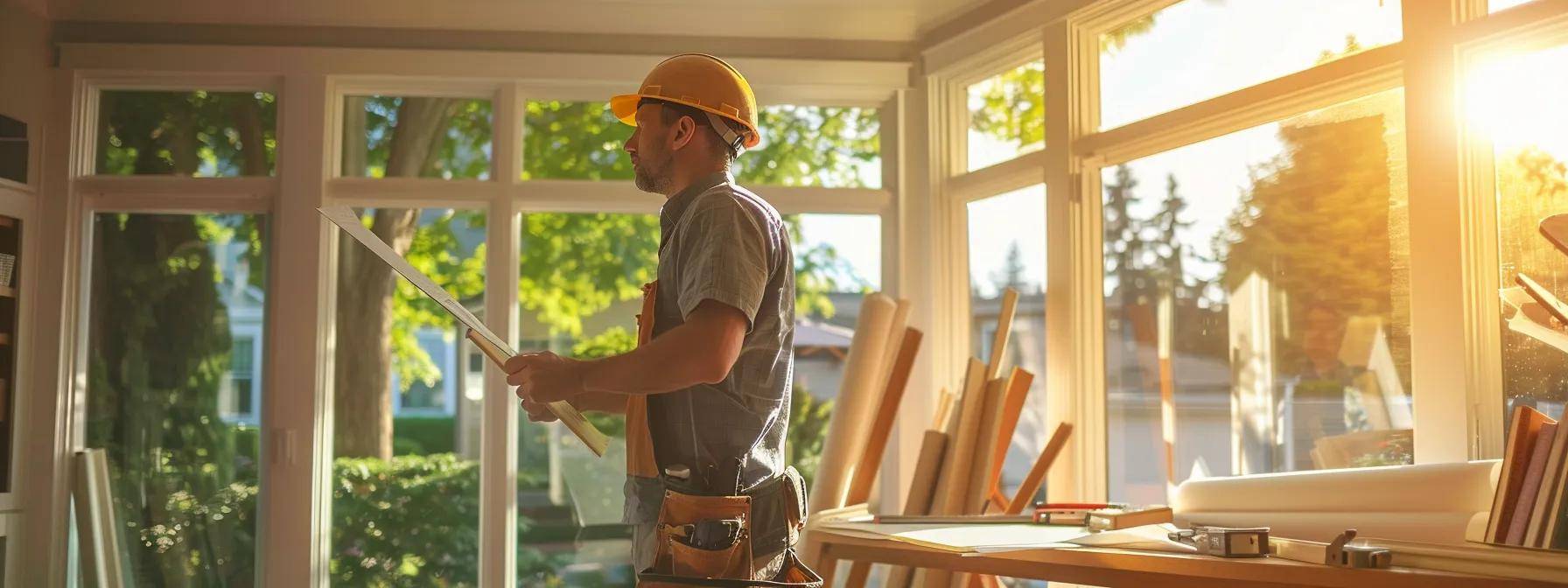 a professional contractor, equipped with tools and blueprints, carefully measures a large window opening in a modern, well-lit home interior, surrounded by various window styles and materials, illustrating the detailed window replacement process.