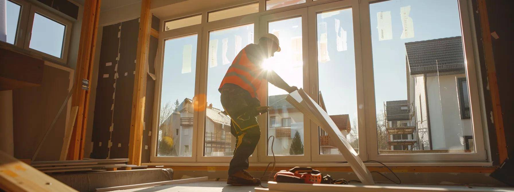 a professional installer meticulously fitting a modern, energy-efficient window into a home, highlighting the stark contrast between the old, removed window and the sleek new design amidst a well-lit, contemporary interior space.