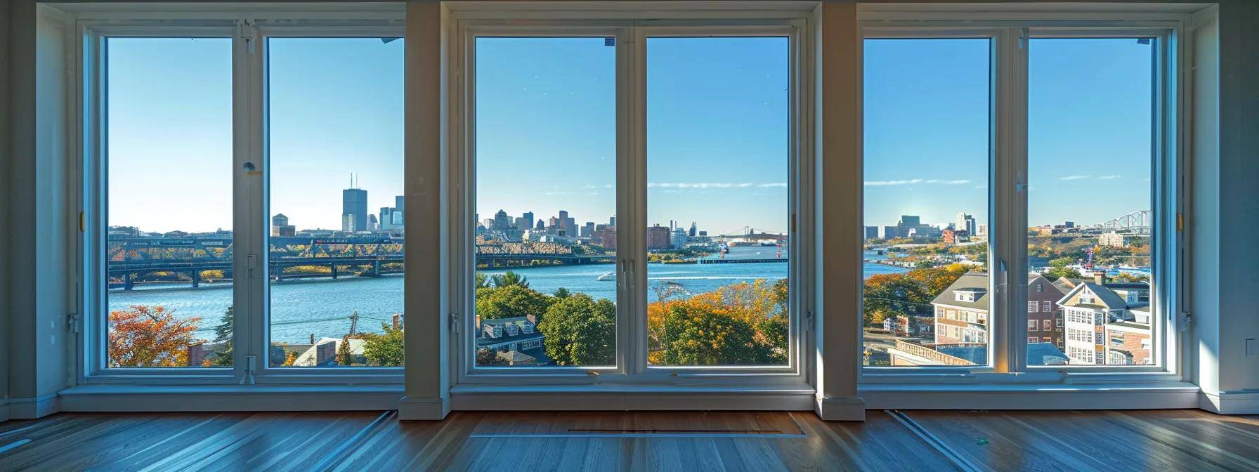 a professional window replacement team skillfully installs sleek, modern windows in a massachusetts home, showcasing a bustling urban environment in the backdrop, with clear skies emphasizing their year-round service expertise.
