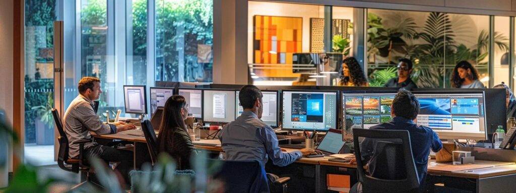 a sleek and modern office environment showcases a diverse team engaged in a dynamic discussion around advanced computer screens displaying the latest windows interface, illuminated by vibrant led lighting that emphasizes the excitement of technological upgrades.