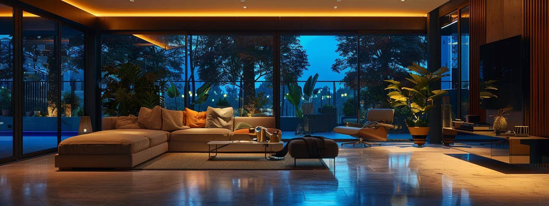 a sleek modern living room showcases advanced window replacements featuring impact-resistant glass and reinforced frames, illuminated by soft indoor lighting that highlights the integration of stylish smart technology for enhanced home security.