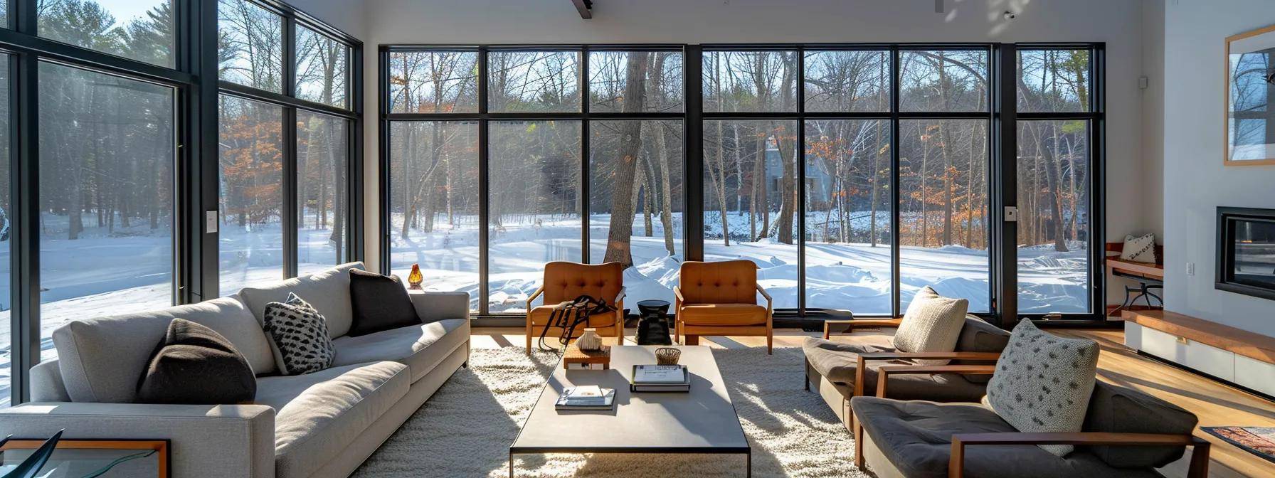 a sleek, modern living room showcases stylish, energy-efficient windows with a cozy atmosphere, contrasting the chilly exterior of a massachusetts winter, highlighting their impact on comfort and energy savings.