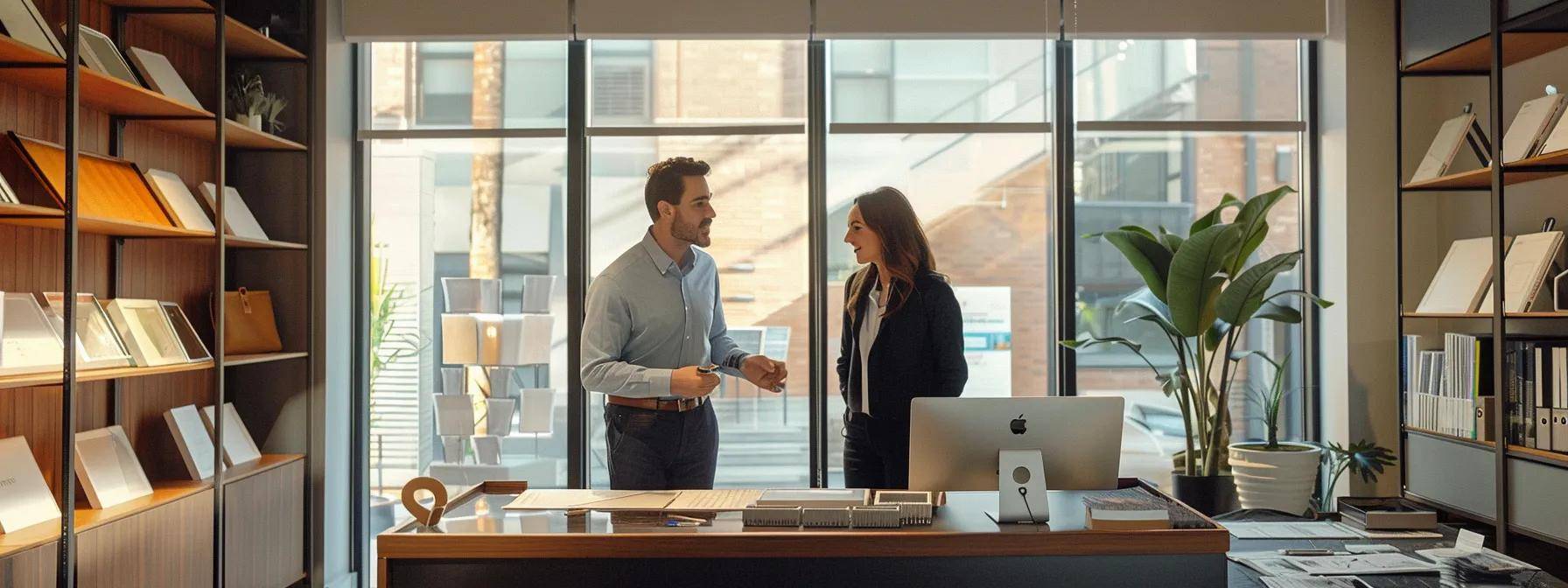 a sleek, modern office environment showcases an expert discussing the meticulous window replacement process with a homeowner, surrounded by samples of various window types and materials, emphasizing efficiency and professionalism in a well-lit, organized setting.
