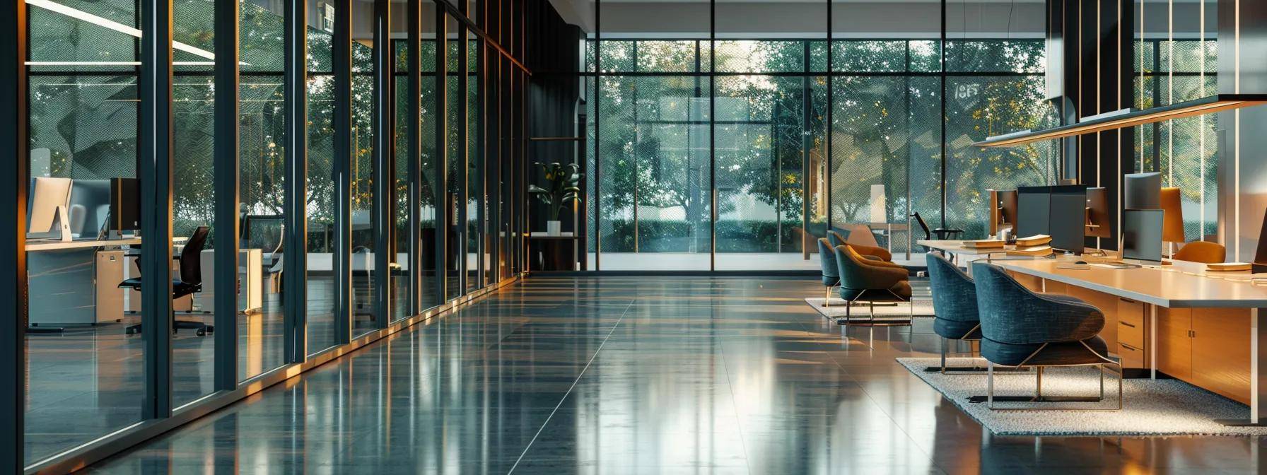a sleek, modern office environment showcases large windows featuring low-e coatings, reflecting a subtle play of light while highlighting the advanced technology's role in enhancing thermal performance and energy efficiency.