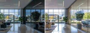 a sleek, modern office environment showcases a split-screen comparison of an elegant new window installation versus a patched-up repair, emphasizing the contrast in aesthetics and quality.