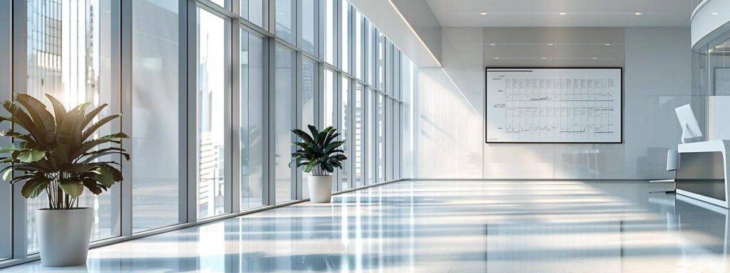 a sleek, modern office interior featuring large, energy-efficient windows that flood the space with light, highlighting a chart on the wall demonstrating substantial long-term savings from window replacement.
