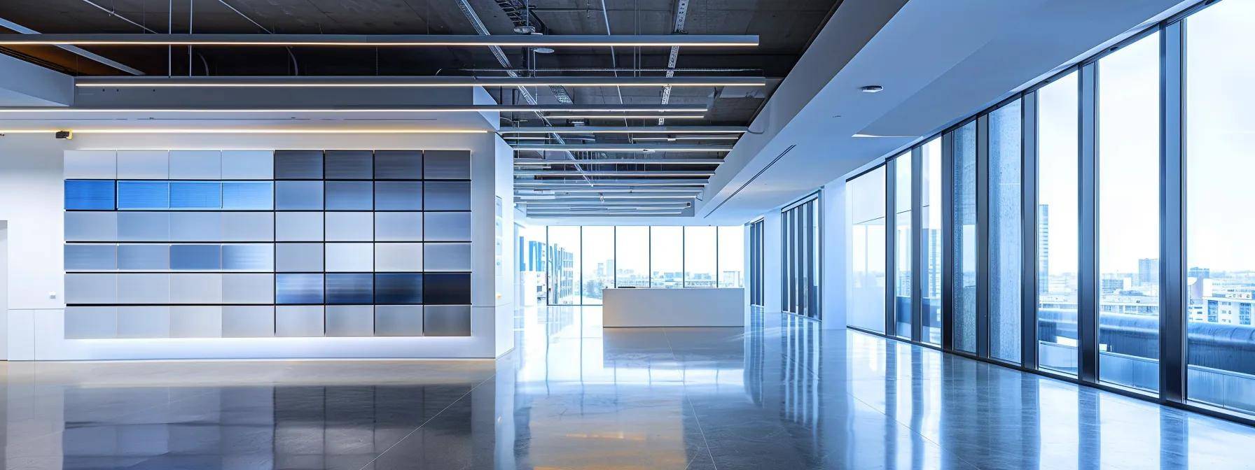 a sleek, modern office interior showcases a prominent display of window units, each labeled with their u-factor and r-value ratings, illuminated by bright, artificial lighting, emphasizing energy efficiency and advanced technology in window performance.