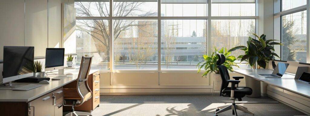 a sleek, modern office setting features an elegant, newly installed window allowing bright, clear light to illuminate a stylish workspace, emphasizing the benefits of window replacement for enhanced energy efficiency and design appeal.