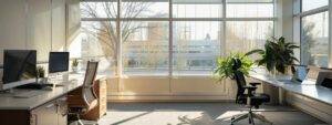a sleek, modern office setting features an elegant, newly installed window allowing bright, clear light to illuminate a stylish workspace, emphasizing the benefits of window replacement for enhanced energy efficiency and design appeal.
