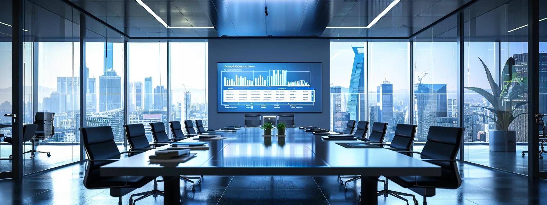 a sleek, modern office setting showcases a detailed chart on a digital screen outlining window replacement costs and financing options, with professional materials like brochures and sample window frames thoughtfully arranged around a polished conference table illuminated by bright overhead lighting.