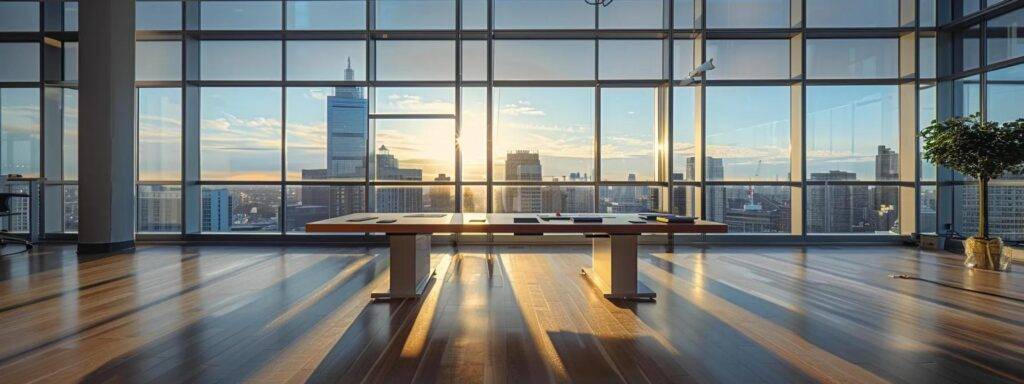 a sleek, modern office space features three distinct window samples—vinyl, wood, and fiberglass—arranged on a polished table, showcasing their unique textures and finishes against a backdrop of a massachusetts skyline visible through large, partially opened windows.