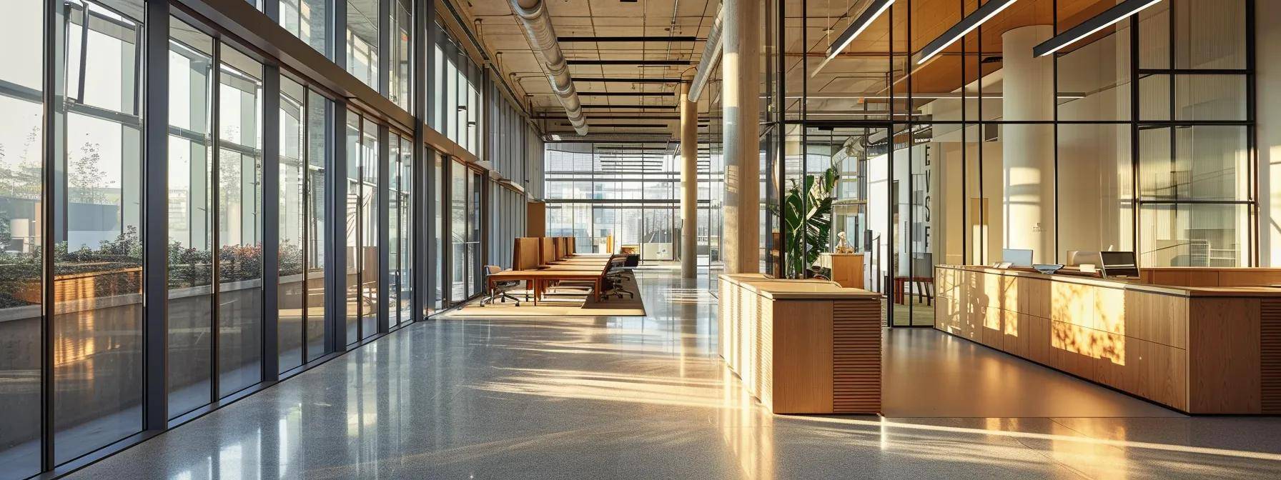 a sleek, modern office space features a striking display of energy-efficient windows on one side, contrasting with a cluttered area showcasing old, discarded window frames, highlighting the environmental implications of window replacement versus repair.