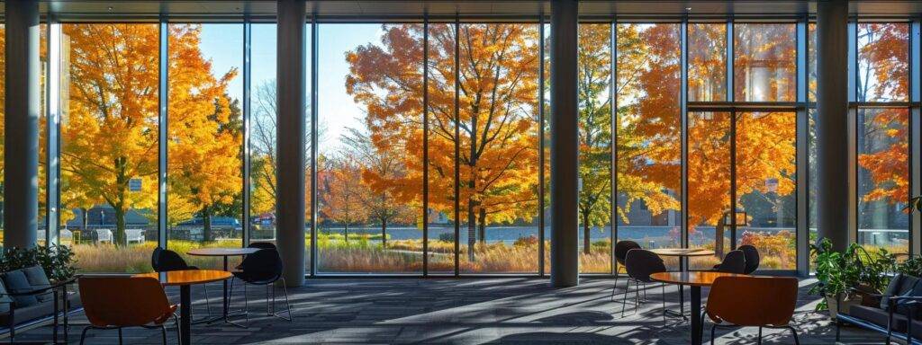a sleek, modern office space showcases large, newly installed windows reflecting the vibrant autumn colors of massachusetts, emphasizing the optimal season for window replacement.
