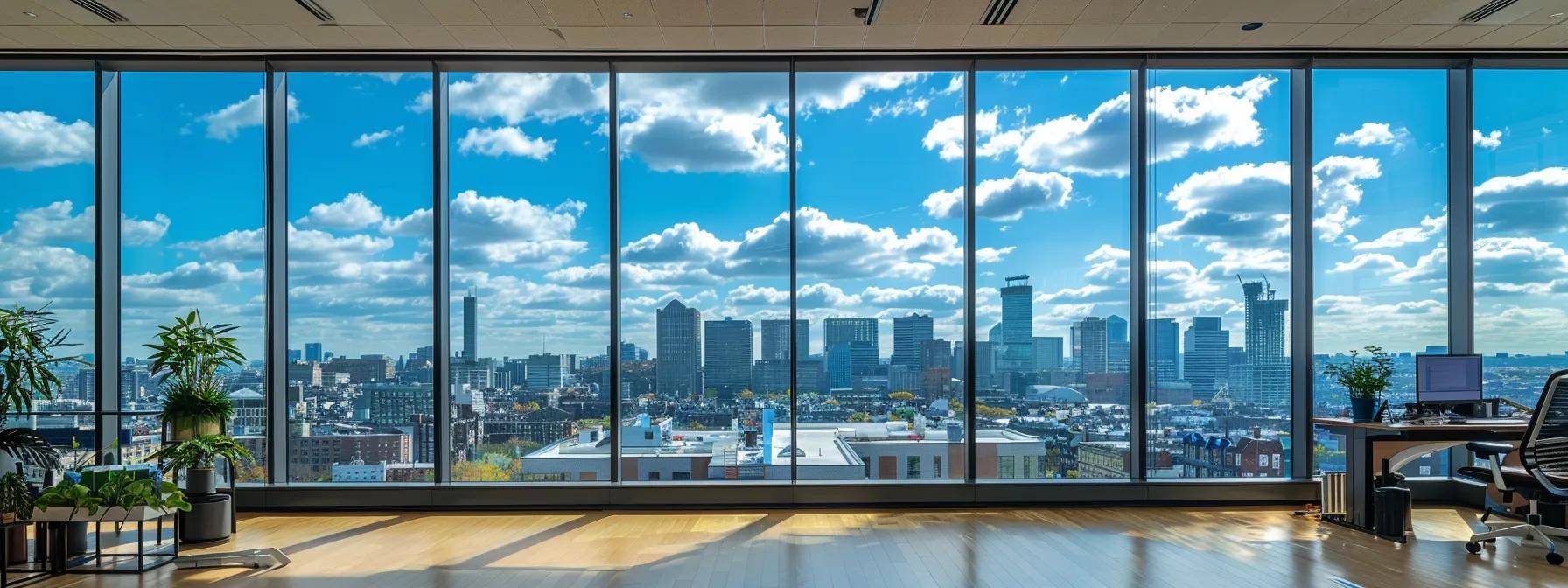 a sleek modern office space with large windows showcases a vibrant city skyline, emphasizing the premium window replacement market in massachusetts, highlighted by contractor tools and materials neatly arranged for a renovation project.