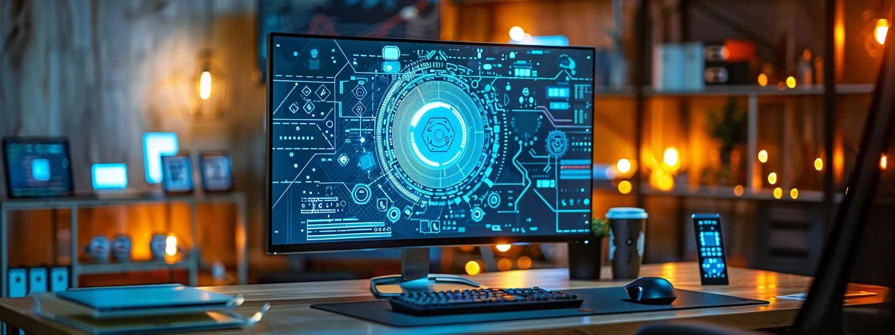 a sleek, modern office workspace with a high-tech computer setup displaying a vibrant security upgrade notification, illuminated by cool, ambient lighting, emphasizes the importance of digital protection and advanced technology in enhancing cybersecurity.