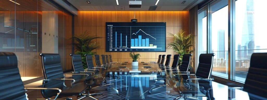 a sleek office conference room filled with a large presentation screen displaying a detailed cost breakdown chart for window replacement, illuminated by modern track lighting and featuring a polished glass table surrounded by stylish ergonomic chairs.