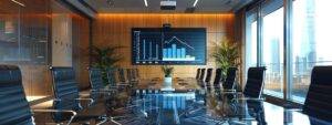 a sleek office conference room filled with a large presentation screen displaying a detailed cost breakdown chart for window replacement, illuminated by modern track lighting and featuring a polished glass table surrounded by stylish ergonomic chairs.