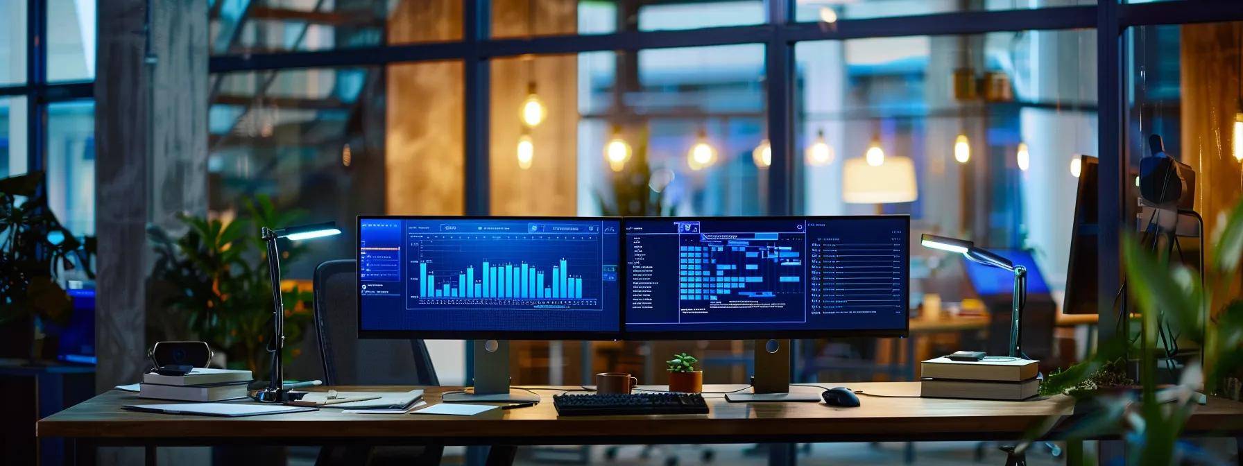 a sleek office space showcases a modern workstation with dual monitors displaying progress bars for a windows upgrade and data migration, illuminated by warm, focused lighting to emphasize the organized, tech-driven environment.