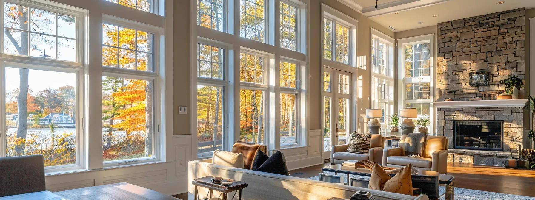 a sophisticated modern massachusetts home showcases an array of stylish windows—casement, double-hung, and bay—highlighting their sleek frames and inviting natural light, against a backdrop of an elegant, contemporary interior design.