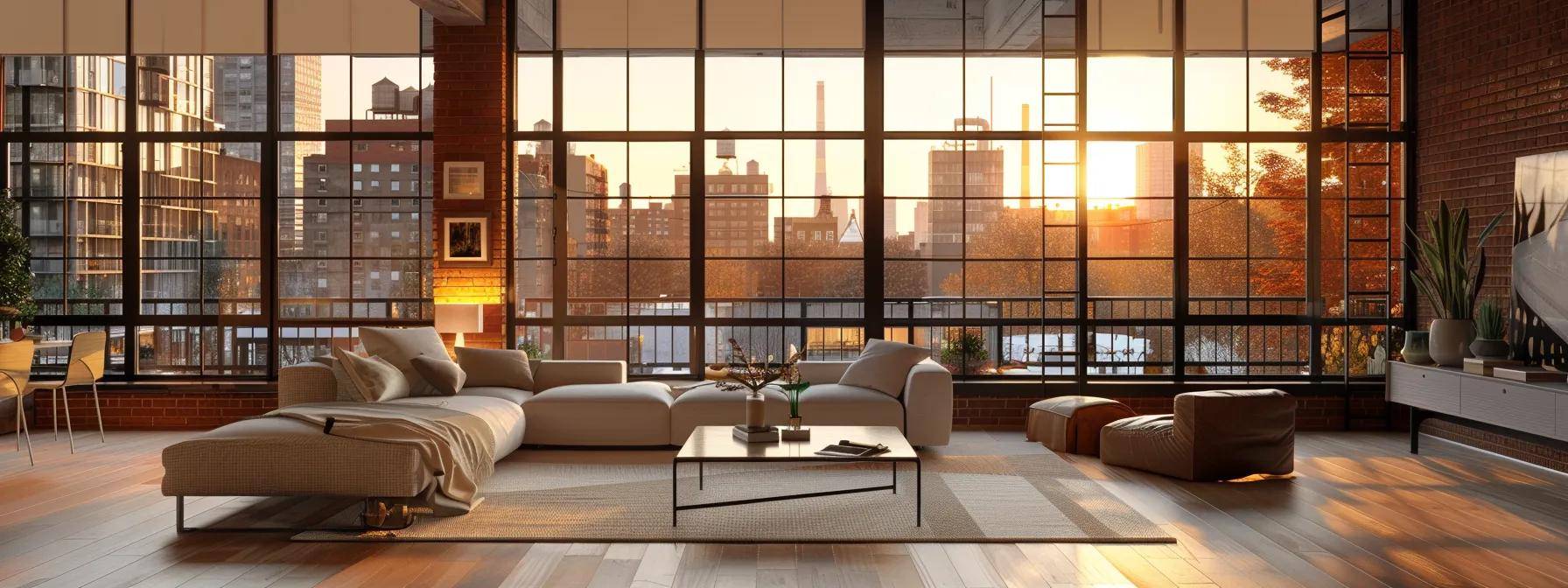 a sophisticated urban living room featuring sleek, modern windows that showcase energy-efficient technology, with a stylish interior design that emphasizes comfort and aesthetic appeal, illuminated by soft, warm light to convey a sense of tranquility.