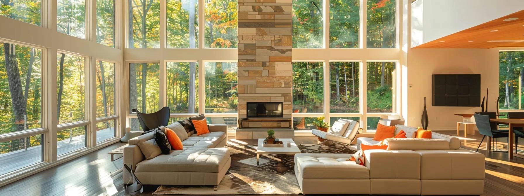 a stylish modern living room in a massachusetts home showcases an array of high-performance window materials—vinyl, wood, aluminum, fiberglass, and composite—crafted to withstand the region's severe weather, all highlighted by sleek, contemporary furnishings and an inviting ambiance.