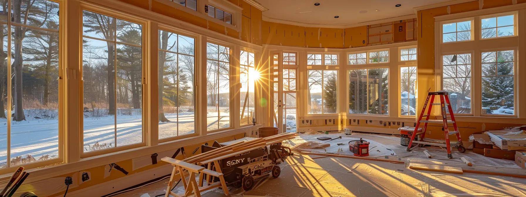 a warm, inviting living room featuring a window installation in progress, with professional tools and winter weather visible outside through the partially replaced windows, highlighting the contrast between the cozy interior and the chilly massachusetts landscape.