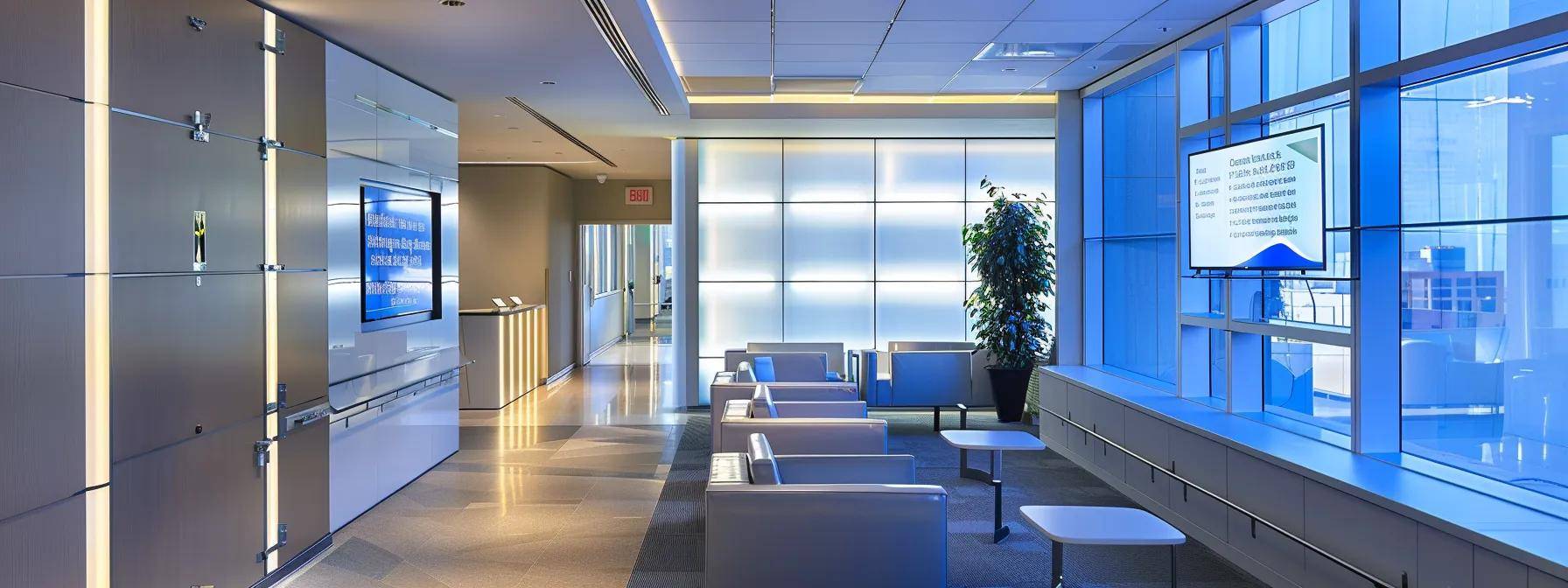 an elegantly designed modern office space features a large display board showcasing various high-security window options, complete with detailed specifications and pricing, under bright, focused lighting that emphasizes the quality and variety of materials available for replacement windows in massachusetts.